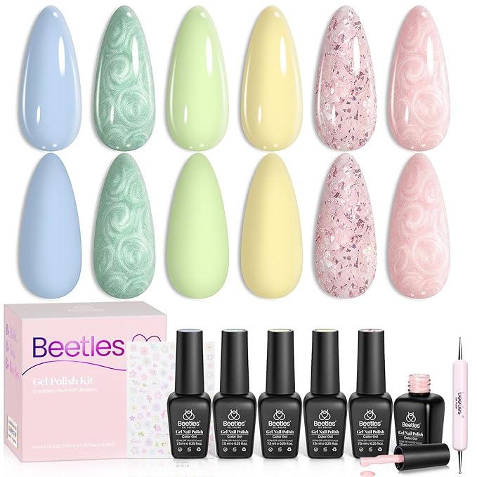 Beetles Christmas Gel Nail Polish - Pastel Scenery By the Lake Soak Off UV LED Gel Polish, 6 Colors Pink Green Yellow Drawing Swirl Shell Thread Effect Nails DIY Manicure Gifts for Women