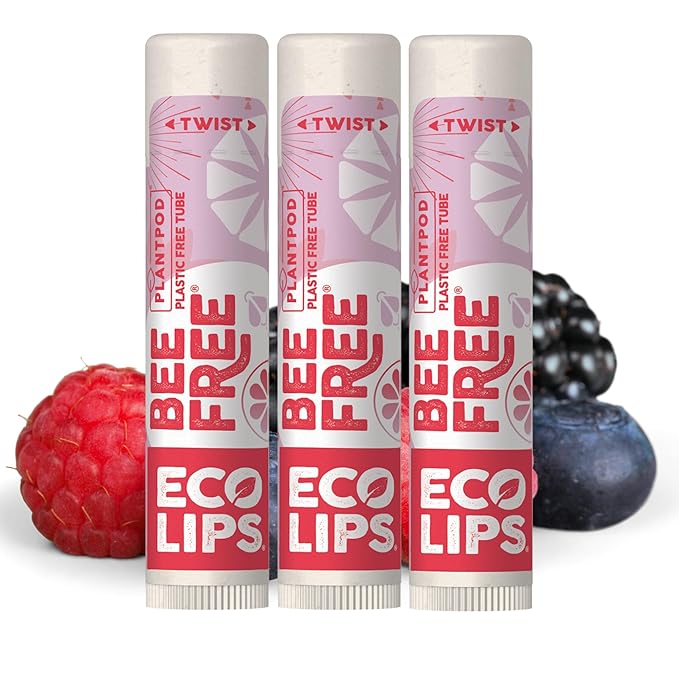 Eco Lips Vegan Superfruit Bee Free Lip Balm Includes Candelilla Wax, Organic Cocoa Butter and Coconut Oil. 100% Plastic-Free Plant Pod Packaging. 3-Pack