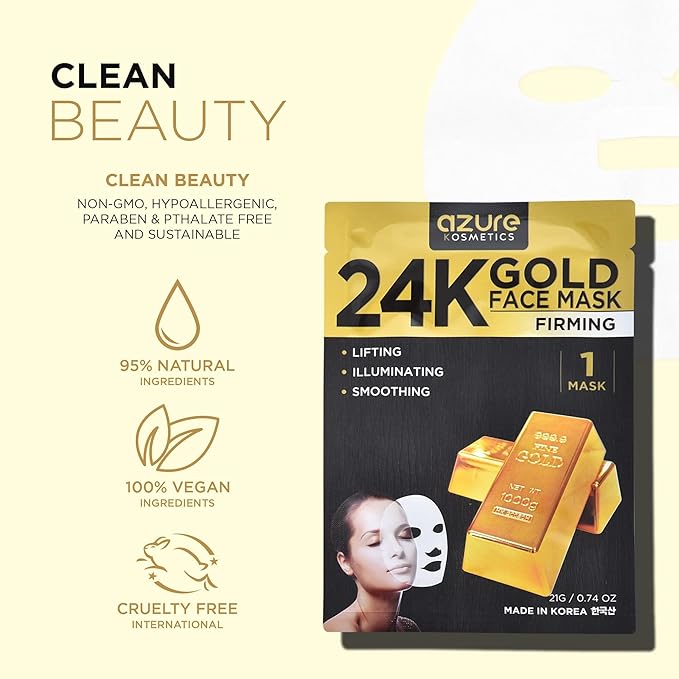 Azure Cosmetics 24K Gold, Caviar, Vitamin C, Hyaluronic Acid, Retinol & Collagen Anti-Aging Face Mask - Ultimate Variety Pack of 20 - Dermatologist Tested - Hydrating & Firming - Korean Skin Care