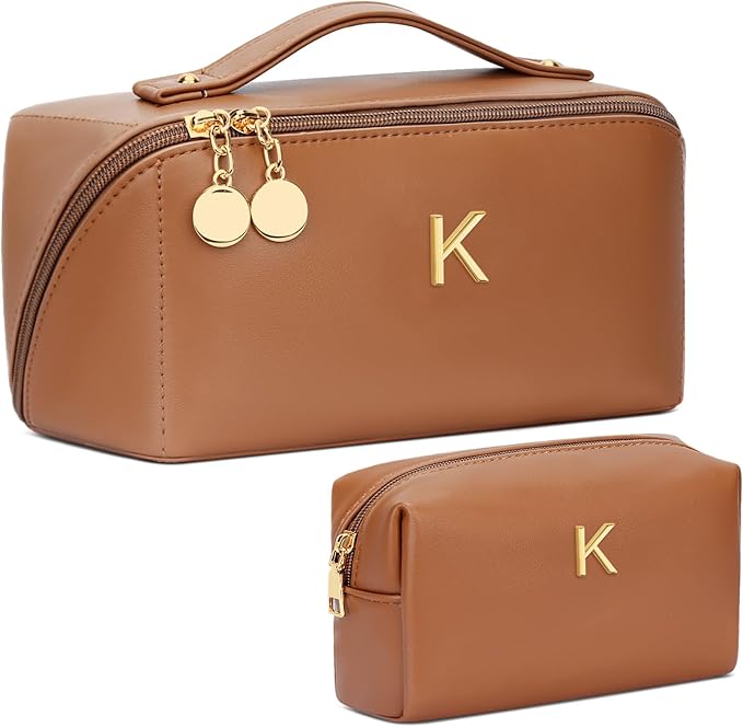 Birthday Gifts for Women Teen Girl, Personalized Initial Makeup Organizer Bag Set, Open Flat Travel Cosmetic Bag With Clear Divider and Handle(Brown,K)