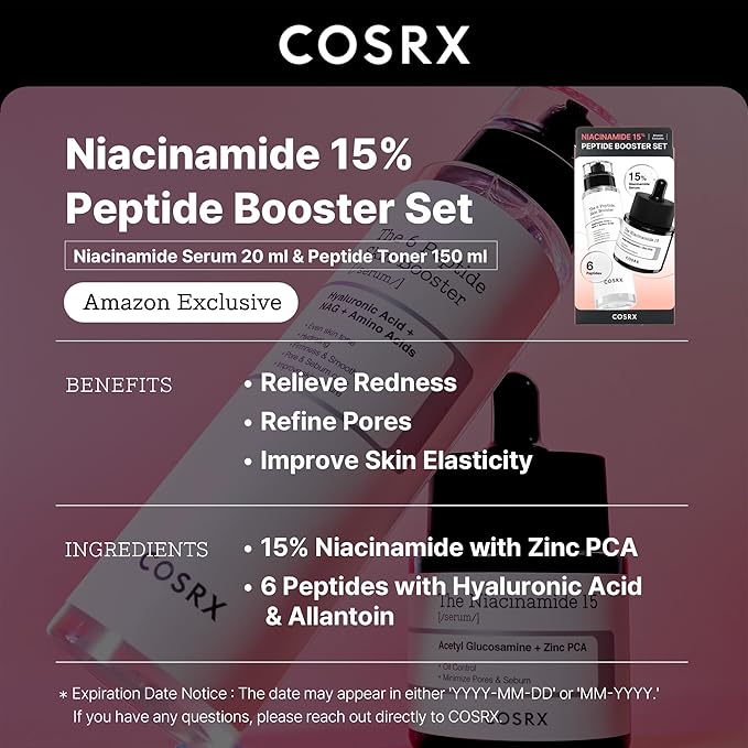 COSRX Niacinamide 15% Peptide Booster Set - Amazon Exclusive - Korean Skin Care Set, Gift Sets, Niacinamide Serum, Face Serum, Stocking Stuffers, Gifts For Women
