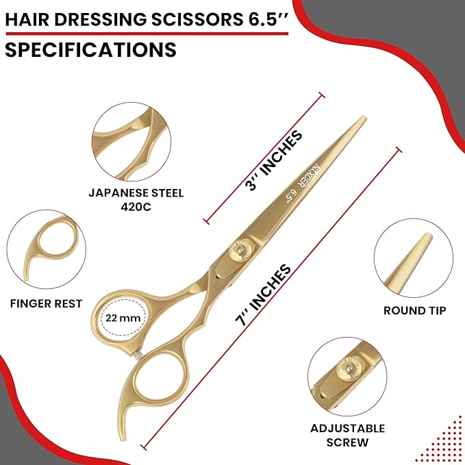 Hair Cutting Scissors -Sharp Razor Edge Blade Hair Shears Series - 6.5" With Fine Adjustment – Stainless Steel Hair Scissors Professional For Men, Women & Babies (Gold)