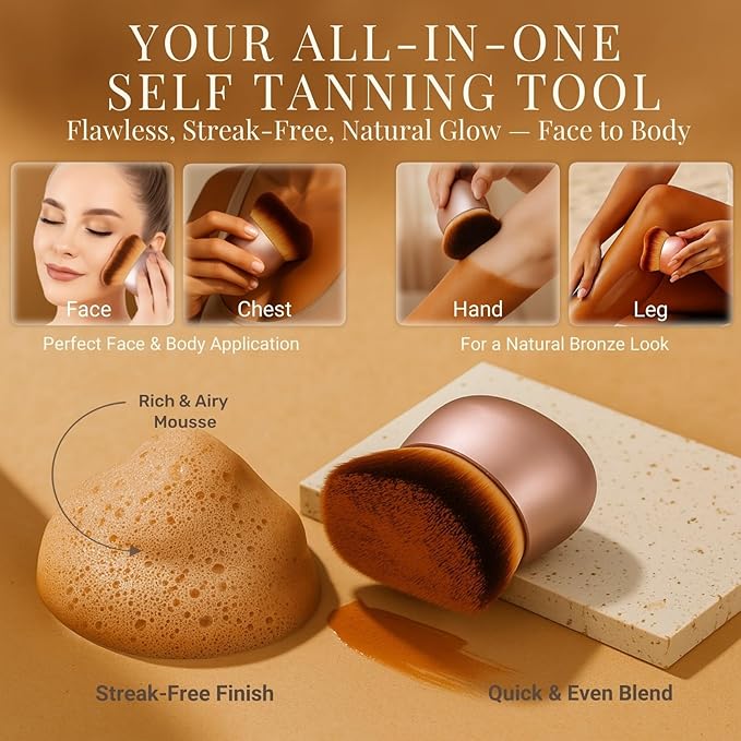 Self Tanner Brush – Extra Large Kabuki Applicator for Self Tanning, Sunless Tanning & Body Foundation | Streak-Free Arc Design for Flawless Full Coverage on Legs, Arms, Back, Chest, Face & Feet