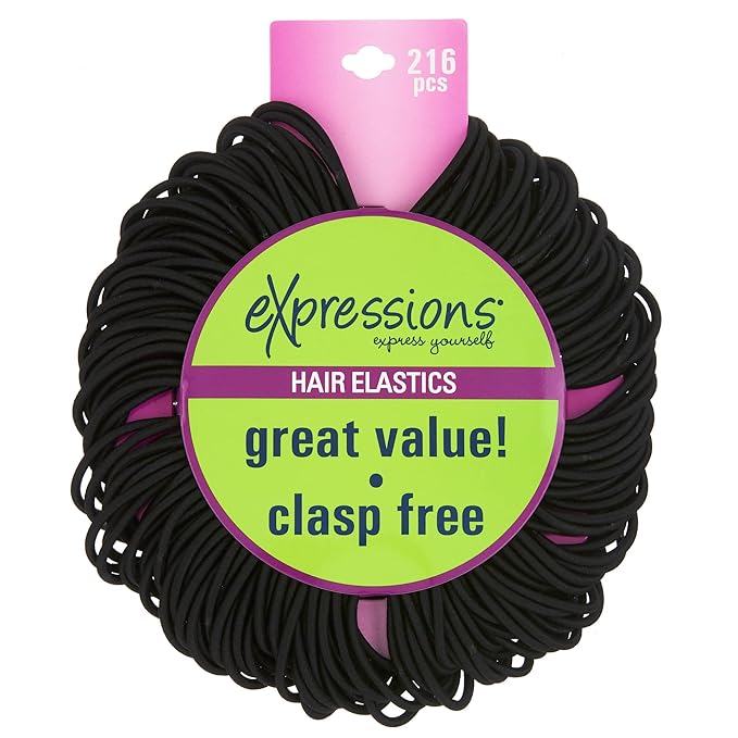 Expressions 216-Piece Hair Ties, 4mm Elastics Classic Black Value Pack, Durable No Metal Bands for Women's Ponytails, Thick, Curly and All Hair Types