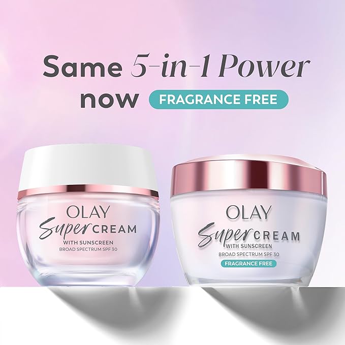 Olay Super Cream with Sunscreen SPF 30, Fragrance Free Lightweight Face Moisturizer with Sun Protection, 5-in-1 Skin Care - Hydrating, Brightening, Firming - Niacinamide, Vitamin C, Collagen, 1.7 oz