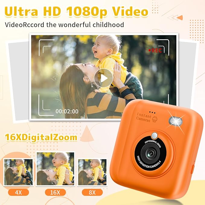 Instant Print Camera for Kids, Christmas Birthday Gifts for Girls Boys, 1080P Instant Digital Print Cameras for Toddler,Portable Toy for 4 5 6 7 8 9 10 Year Old Girl with 32GB SD Card，Orange