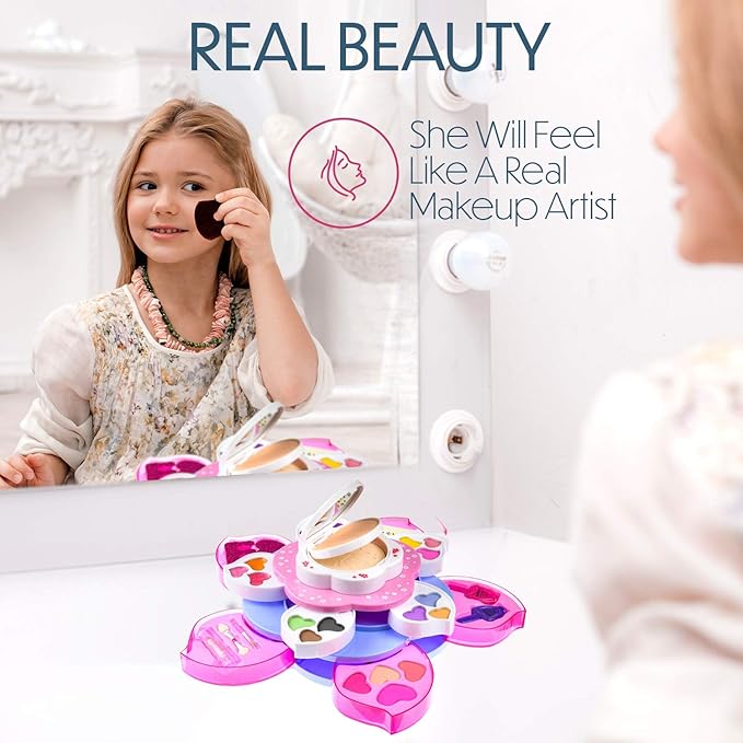 Toysical Kids Makeup Kit for Girl - Flower Shaped Makeup for Kids, Washable Non Toxic Makeup Kit for Girls with Mirror - Birthday and Christmas Make up Kit for Girls Age 6-12