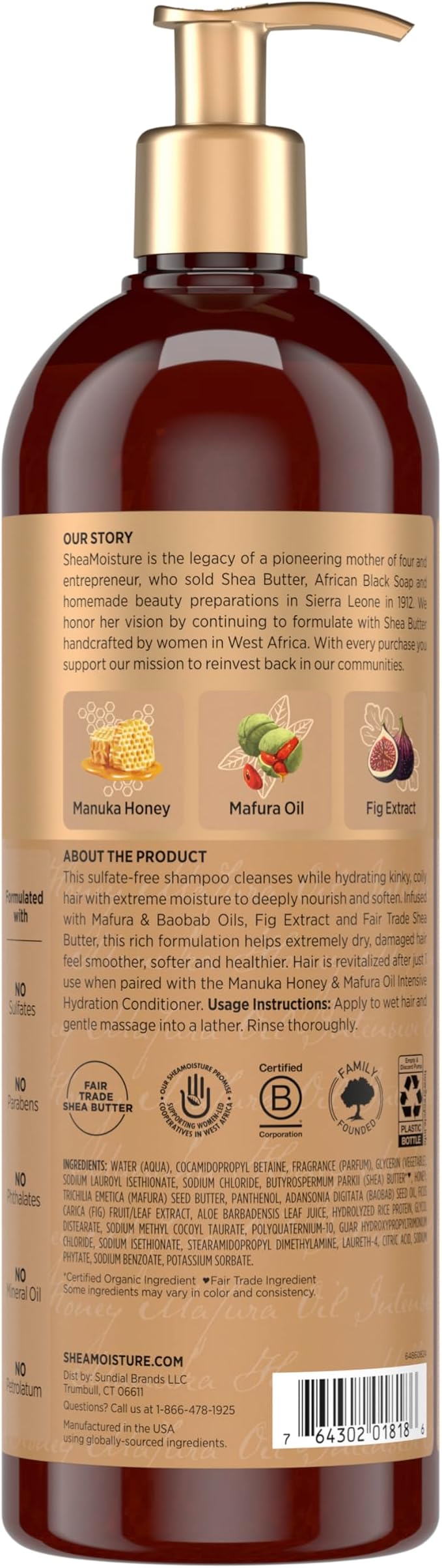 SheaMoisture Intensive Hydration Shampoo Manuka Honey & Mafura Oil, For Extra Dry, Damaged Hair, Sulfate-Free, 24 oz