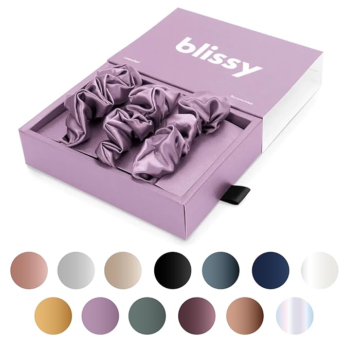 Blissy Silk Scrunchies (3 Pack) - 100% Pure Mulberry Silk - 22 Momme 6A High-Grade Fibers Scrunchie for Straight & Curly Hair - Preventing Breakage, Tangling, & Creasing (Lavender Regular)