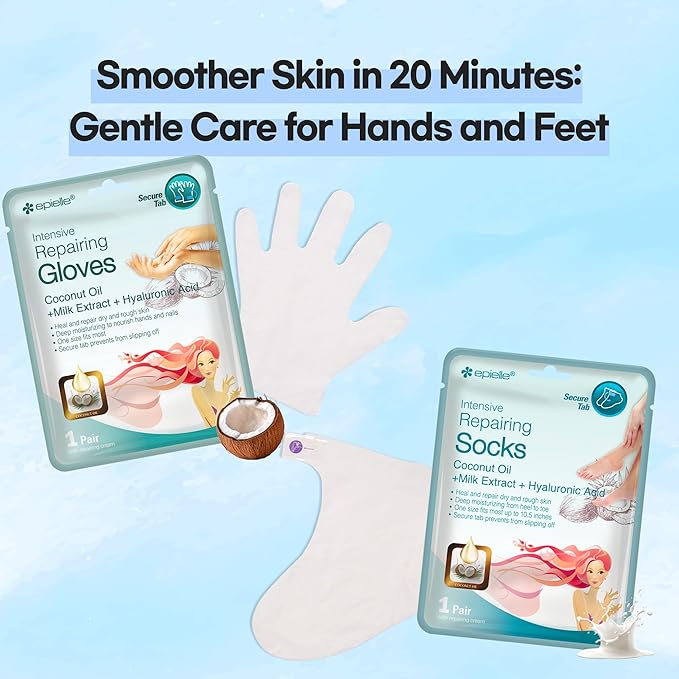 Epielle Intensive Repairing Hand & Foot Masks, Restore and Moisturize Dry, Cracked Skin, Self Care Gifts for Women, Spa Kit, Stocking Stuffers, 6 Moisturizing Gloves & 6 Moisturizing Socks