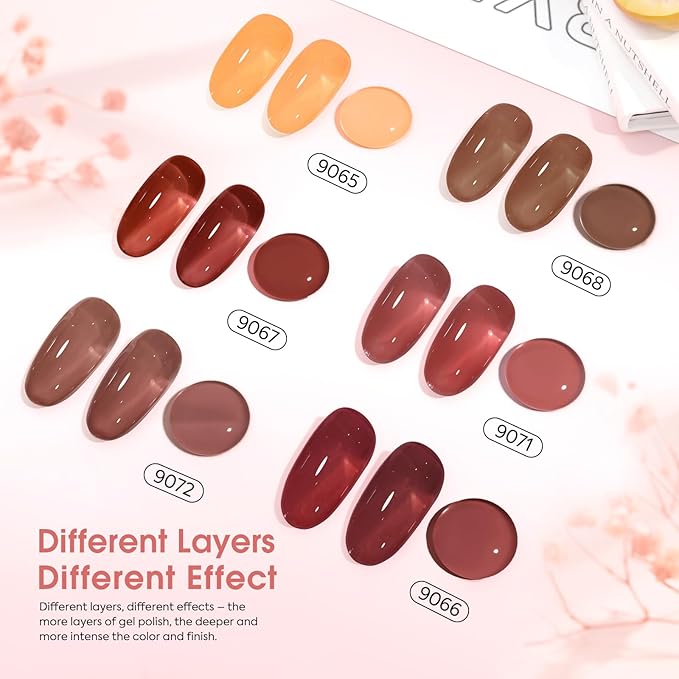 CANNI 6 Colors 9 Ml Jelly Brown Gel Nail Polish Set- Jelly Neutral Transparent Dark Red Orange Colors Sheer Kit, Soak Off LED Nail Gel Manicure DIY at Home Salon Gifts