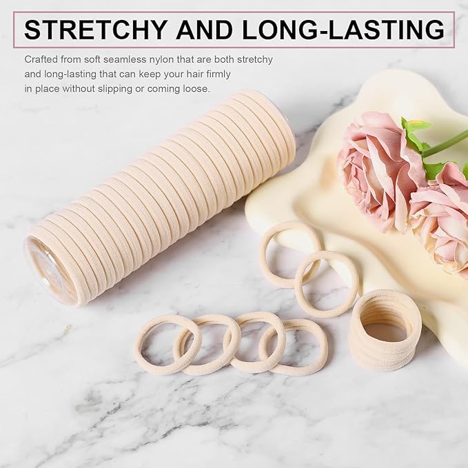 LuSeren 120 Pcs No Damage Hair Ties for Thick Hair, Large Soft Seamless Nylon Hair Elastics for Women, Ponytail Holders, Hair Accessories – Blonde
