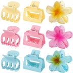 3 Styles Medium Hair Clips for Women 9 Pcs Small Claw Clips for Thin Hair Flower Hair Clips for Thick Hair Square Hair Claw Clips for Girls Hawaiian Plumeria Hair Accessories for Women (Pink)