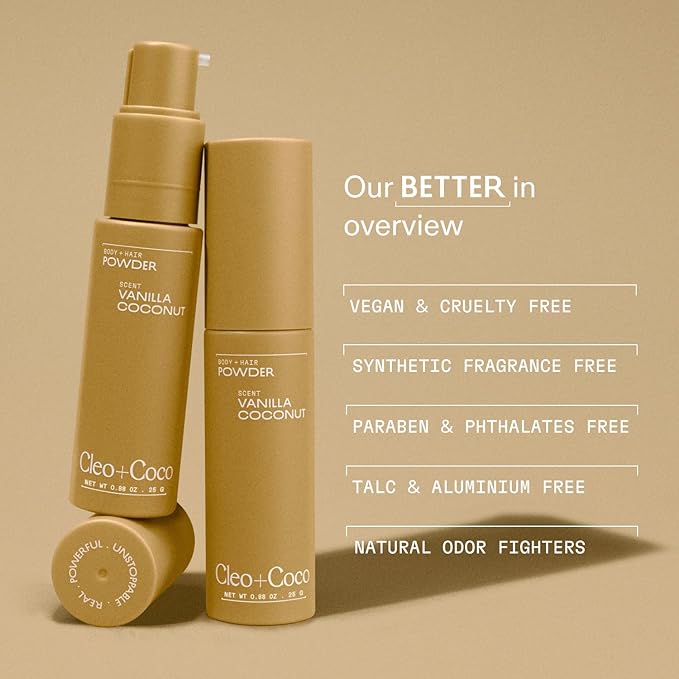 Cleo + Coco. Deodorant Powder for Body and Hair, Vanilla Coconut (0.88 oz), 2-in-1 Deo Powder & Dry Shampoo for Women & Men, Aluminum Free Deodorant, Talc-Free, Anti Chafe Protector, Travel-Size