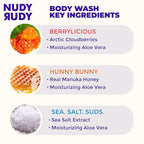 Nudy Rudy 3 Pack Liquid Body Wash Bundle Sea Salt Suds Berrylicious and Hunny Bunny Aloe Manuka Honey Vitamin E Moisturizing Shower Gel Body Wash Skin Care Men and Women 16.9 fl oz