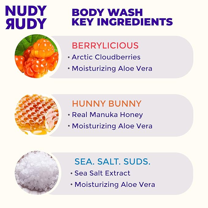 Nudy Rudy 3 Pack Liquid Body Wash Bundle Sea Salt Suds Berrylicious and Hunny Bunny Aloe Manuka Honey Vitamin E Moisturizing Shower Gel Body Wash Skin Care Men and Women 16.9 fl oz