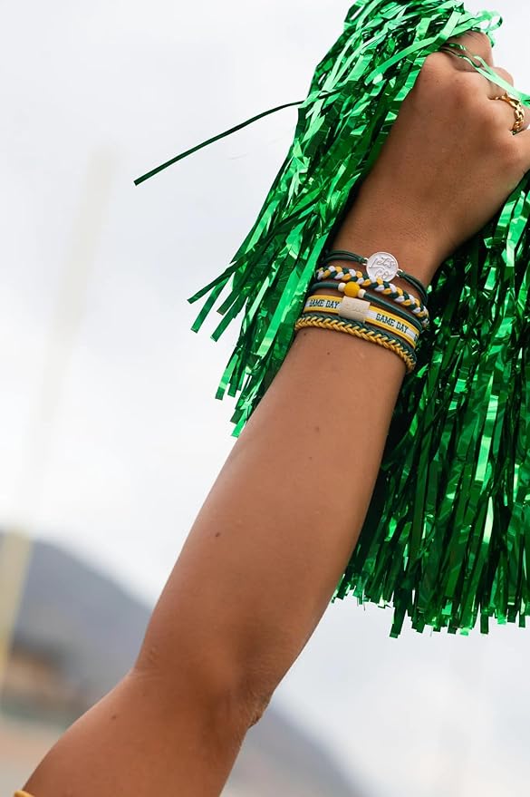 K'lani Game Day Hair Tie Bracelets – 5-Pack Stretchy No-Crease Hair Ties & Stylish Bracelets – Team Color Accessory for Hair or Wrist - Green & Yellow, Medium