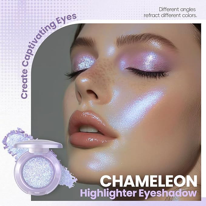 Holographic Blue Purple Glitter Eyeshadow, Multichrome Shimmer Color Shifting Single Eyeshadow, Chameleon Metallic Iridescent Eye Shadow Palette Bouncy Texture Fairy Highlighter Makeup #3