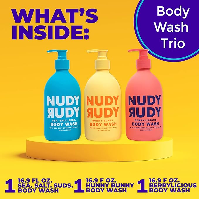 Nudy Rudy 3 Pack Liquid Body Wash Bundle Sea Salt Suds Berrylicious and Hunny Bunny Aloe Manuka Honey Vitamin E Moisturizing Shower Gel Body Wash Skin Care Men and Women 16.9 fl oz