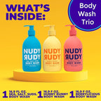Nudy Rudy 3 Pack Liquid Body Wash Bundle Sea Salt Suds Berrylicious and Hunny Bunny Aloe Manuka Honey Vitamin E Moisturizing Shower Gel Body Wash Skin Care Men and Women 16.9 fl oz