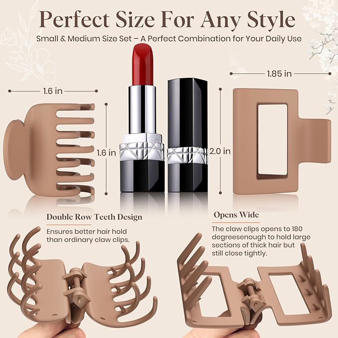 8 Pcs Medium Hair Clips for Women Girls - 2 Styles Rectangle and Double Row Teeth Small Claw Clips for Thin Fine Thick Hair, Matte Non-slip Strong Hold Jaw Clips Hair Accessories, Neutral