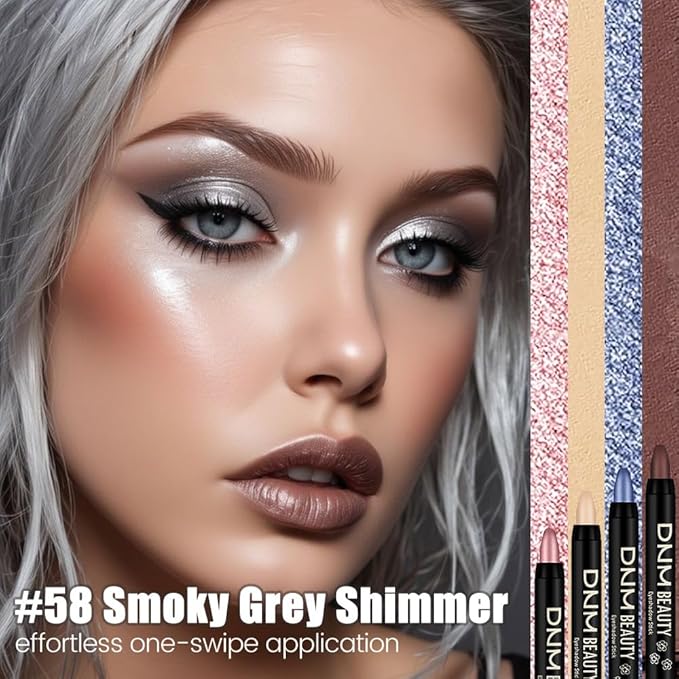evpct Grey Shimmer Cream Eye Shadow Sticks Brightener Pencils for Women, Shimmery Grey Silky Eyeshadow Applicator Stick Pen Waterproof, Blendable Crease-Proof Stick Eyeshadow Shimmer Eye Makeup 58
