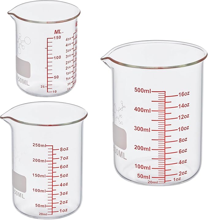 3 Piece High Borosilicate Glasss Liquid Measuring Cups, Includes 150ml(5OZ),250ml(8OZ),and 500ml(16OZ), Dishwasher, Freezer, Microwave, and Preheated Oven Safe, Essential Kitchen Tools