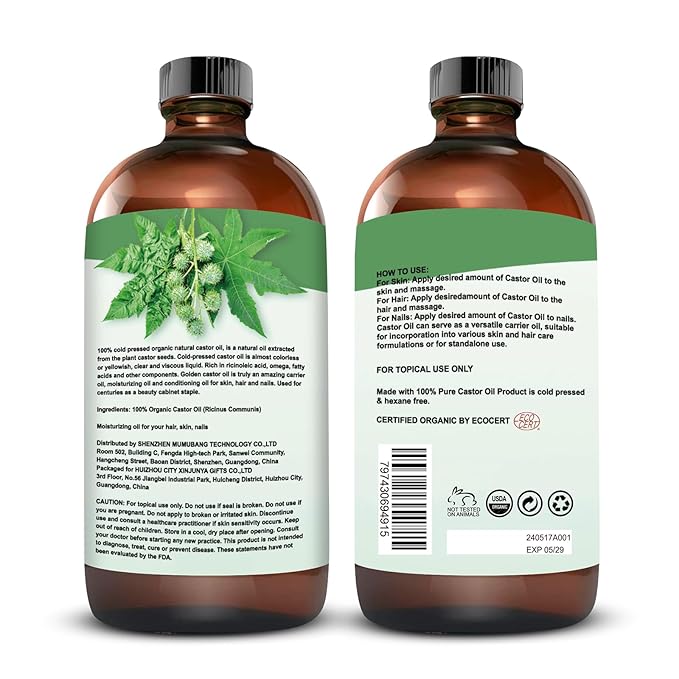 Organic Castor Oil for Body, Hair & Lashes Brow, USDA Certified 100% Pure Natural Glass Bottle, Cold Pressed, Hexane Free. Castor Oil for Hair Growth, Thicker Fuller Brows, 16.9oz