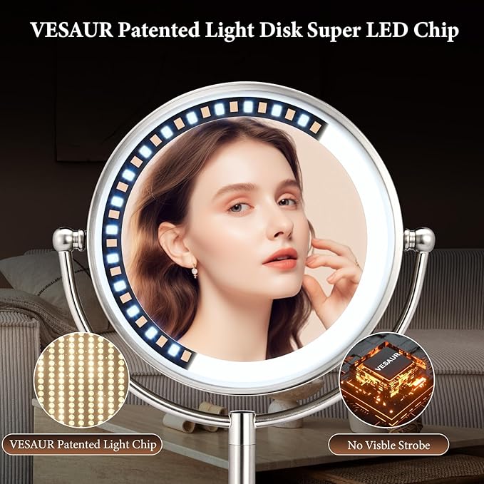 2025 VESAUR 9" Large 5000mAh Rechargeable Lighted Makeup Mirror Nickel, 1X/10X/20X HD Magnifying Mirror with Compact Suction Mirror, 3 Color Dimmable light, 360°Swivel Seamless Vanity Mirror, Gift Box
