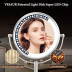 2025 VESAUR 9" Large 5000mAh Rechargeable Lighted Makeup Mirror Nickel, 1X/10X/20X HD Magnifying Mirror with Compact Suction Mirror, 3 Color Dimmable light, 360°Swivel Seamless Vanity Mirror, Gift Box