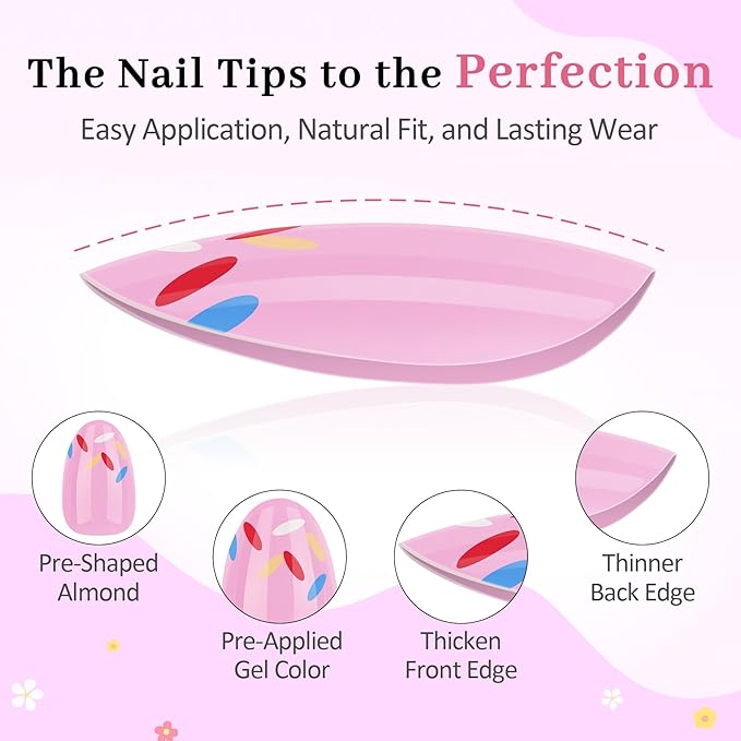 16 Sizes Press on Nails Kit for Kids - 32 Pieces French Almond Fake Nail Tips for Girls 8-12 Years Old with Jelly Nail Adhesives & No-Lamp Nail Glue, Birthday Christmas Gifts (Pink Ice Cream)
