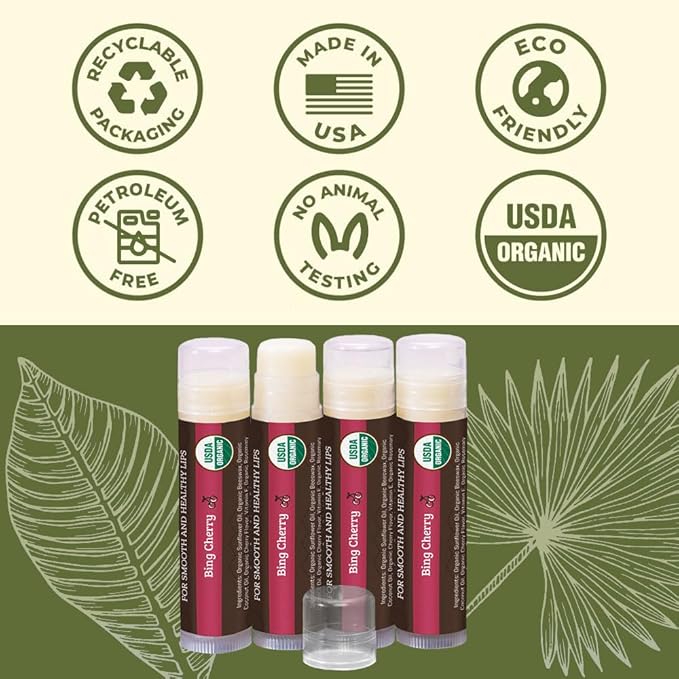 Earth's Daughter USDA Organic Lip Balm 4-Pack Stocking Stuffers - Cherry Flavor - Beeswax, Coconut Oil, Vitamin E - Best Lip Repair Chapstick for Dry Cracked Lips.