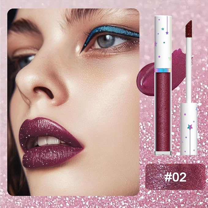 evpct 1Pcs Dark Wine Red Metallic Shimmer Glitter Lip Gloss Liquid Lipstick Long Lasting Waterproof 24, Glitter Pearlescent Metallic Sparkly Liquid Lipsticks Lip Stains Makeup Set for Women 02