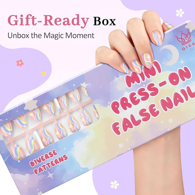 16 Sizes Press on Nails Kit for Kids - 32 Pieces French Almond Fake Nail Tips for Girls 8-12 Years Old with Jelly Nail Adhesives & No-Lamp Nail Glue, Birthday Christmas Gifts (Rainbow Flower)