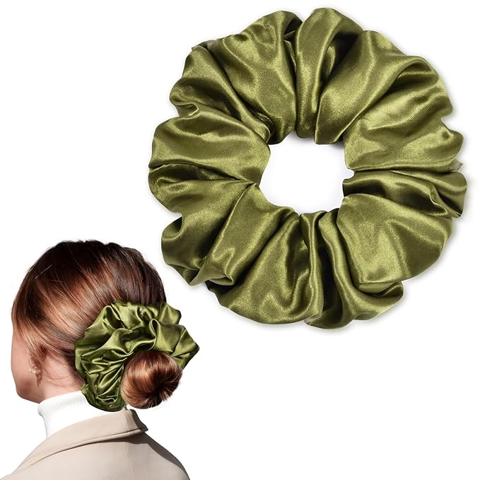 CEELGON Olive Green Big Satin Scrunchie6.5 Inches Jumbo Scrunchies Silky Hair Ties Oversized Ponytail Holderfor Thick Curly Hair Extra Large Hair Accessories for Women (Olive Green)