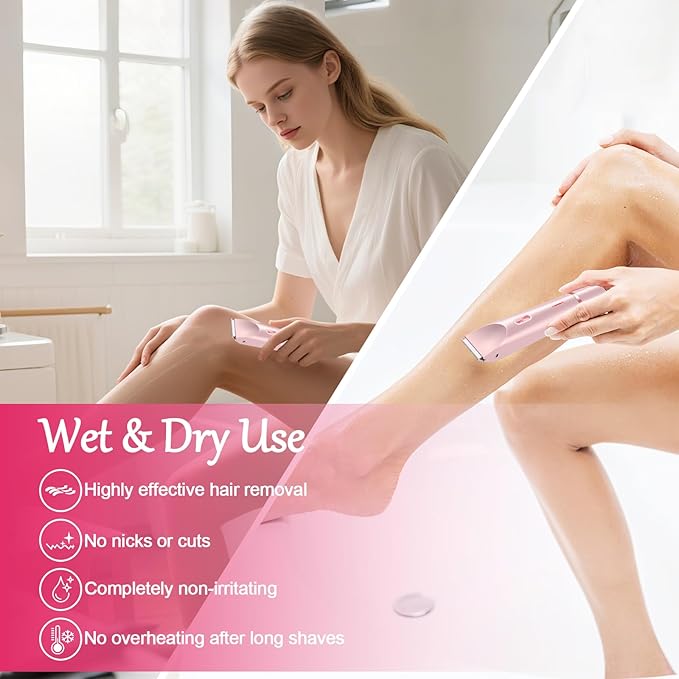 2-in-1 Bikini Trimmer for Women, Bikini Shaver, Dual Head Electric Razor, IPX7 Waterproof Wet/Dry, USB Rechargeable for Pubic/Underarm/Leg, Pink