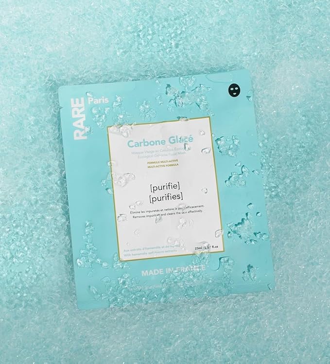 RARE Paris - Carbone Glacé - Purifying Carbon Black Facial Sheet Mask - Cleanses & Tightens - With Hamamelis & Mallow - Purifying, Firming & Revitalizing - Multi-Active Serum Formula - 5 Pack