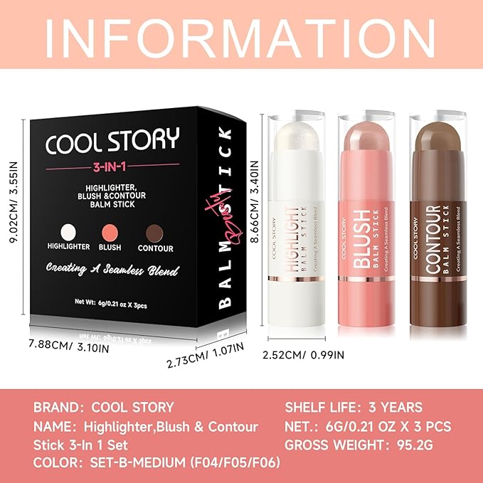 Cool Story 3-in-1 Makeup Set, Highlighter, Blush and Contour Balm Stick, Cream Formula for Face Contouring, Professional Cosmetic Kit (SET-B)