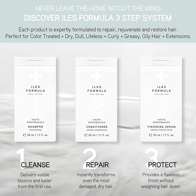 ILES FORMULA Mini Signature Collection – Moisturizing Travel Shampoo & Conditioner w/Mini Finishing Serum Blow Dry Cream for Dry, Damaged, Frizzy Hair - Salon Grade Anti-Frizz Hydrating Hair Care Set