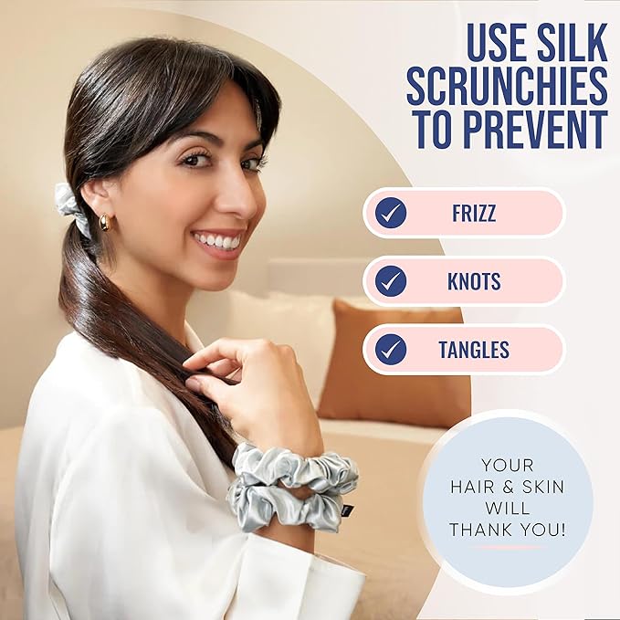 Blissy Silk Scrunchies (3 Pack) - 100% Pure Mulberry Silk - 22 Momme 6A High-Grade Fibers Scrunchie for Straight & Curly Hair - Preventing Breakage, Tangling, & Creasing (Silver Regular)