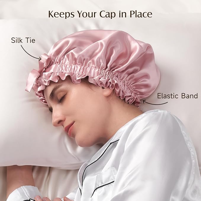 YFONG Double Layered 100% Mulberry Silk Bonnet for Sleeping Women, 22 Momme 6A Luxury Silk Sleep Cap with Elastic Band & Tie, Natural Night Wrap for Hair Care Short Long Curly Hair, Pink