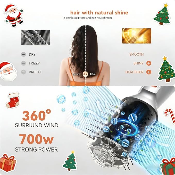 Travel Hair Dryer Brush, Double Voltage 100–240V 4-in-1 Hot Air Brush with 3 Heat & 2 Speed Settings for Drying, Straightening, Curling & Volumizing, Mini Ionic Thermal Blow Dryer Brush for Women