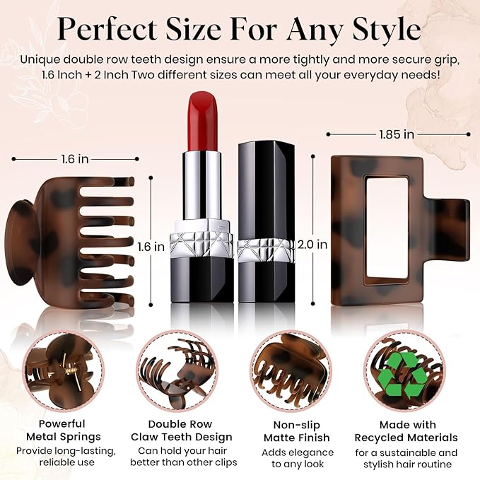 8 Pcs Medium Hair Clips for Women Girls - 2 Styles Rectangle and Double Row Teeth Small Claw Clips for Thin Thick Hair, Matte Non-slip Strong Hold Jaw Clips Hair Accessories, Tortoise & Black