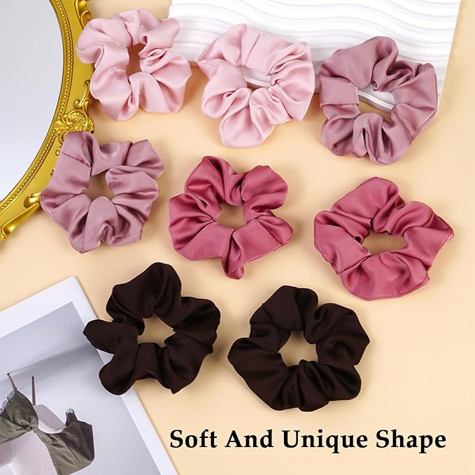 Satin Scrunchies for Women – 8PCS Blush & Brown Silk Hair Ties Set – No Crease, Frizz-Free, Gentle Elastic Hair Bands, Soft & Stylish Everyday Hair Accessories Gifts