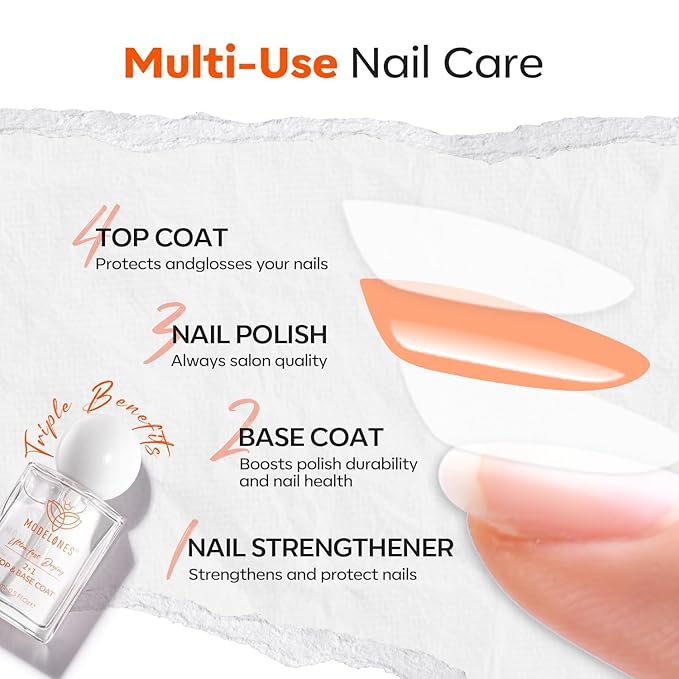 modelones Nail Polish Top Coat Base Coat 3-in-One, 15 Ml Clear Nail Strengthener Quick Dry Long Lasting Shine Chip Fade Resistant Nails Protect Care Gifts for Women