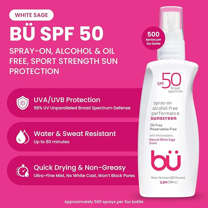 BU SPF 50 Sunscreen Spray for Face and Body, Non Aerosol Spray, TSA Travel Size Sunscreen, Clear, Non Greasy, Water Resistant, White Sage 3.3 oz