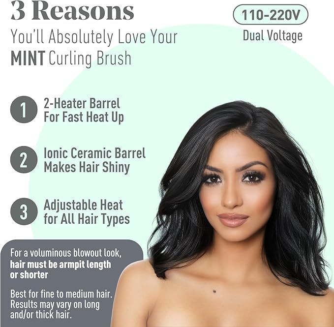 MINT Extra-Long 1 1/3 Inch Thermal Brush for Effortless Curls, Volume & Waves | 230-430°F 2-Heater Ceramic Curling Iron Brush Creates Long-Lasting Styles | Heated Round Styler