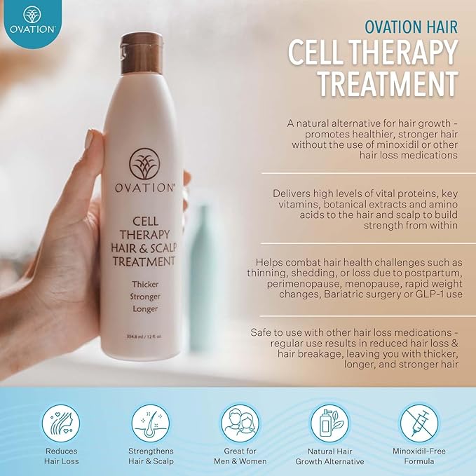 Ovation Hair Cell Therapy Hair Growth & Scalp Treatment for Men & Women - For All Hair Types, Helps Reduce Breakage & Split Ends - No Minoxidil, Sulfates, or Parabens - With Biotin, B5, Aloe (6 oz)