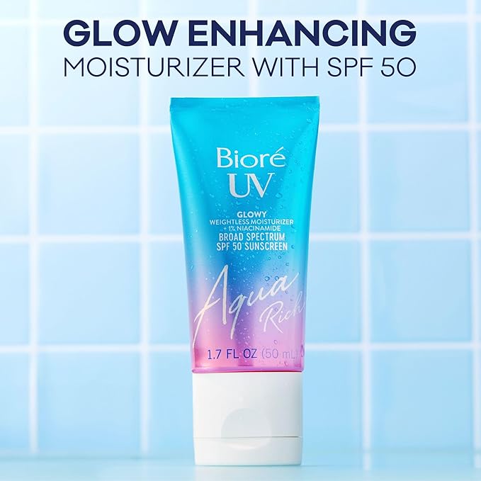 Bioré UV Aqua Rich Glow Enhancing Moisturizer with SPF, Daily Moisturizer with SPF 50, 1% Niacinamide Facial Sunscreen, 1.7 Oz
