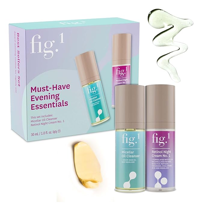 Fig.1 Evening Essentials Skincare Duo, Micellar Oil Cleanser & Retinol Night Cream, Gentle Makeup Remover Cleansing Oil & Anti Aging Night Cream, Deeply Cleanse & Visibly Reduce Wrinkles 2x30ml Minis